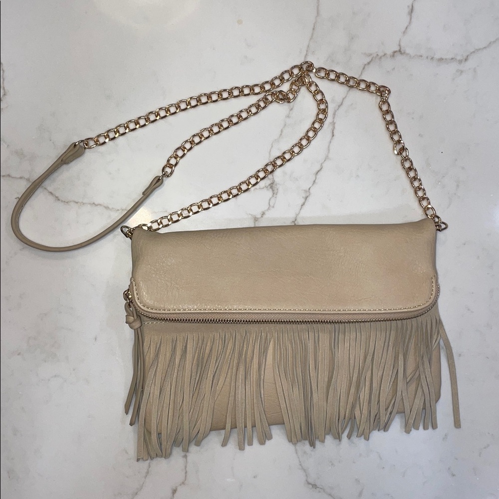 Moda Luxe Cream Pebbled leather Fringe Crossbody Clutch Envelope Bag gold chain